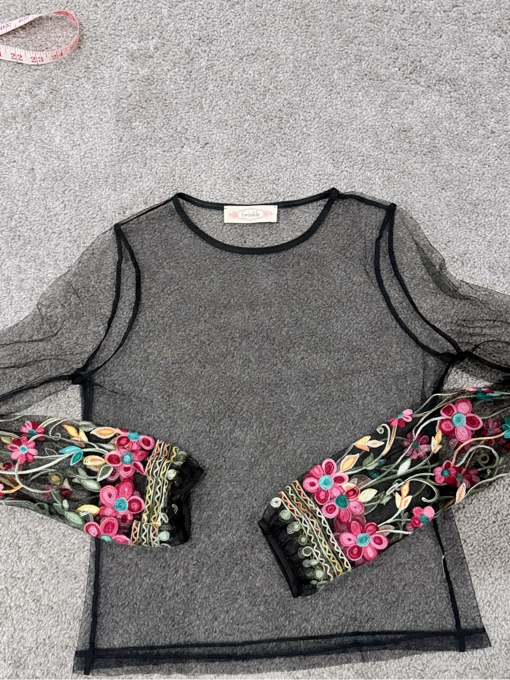 Wink Black Sheer Mesh Top with Floral Embroidered Sleeves